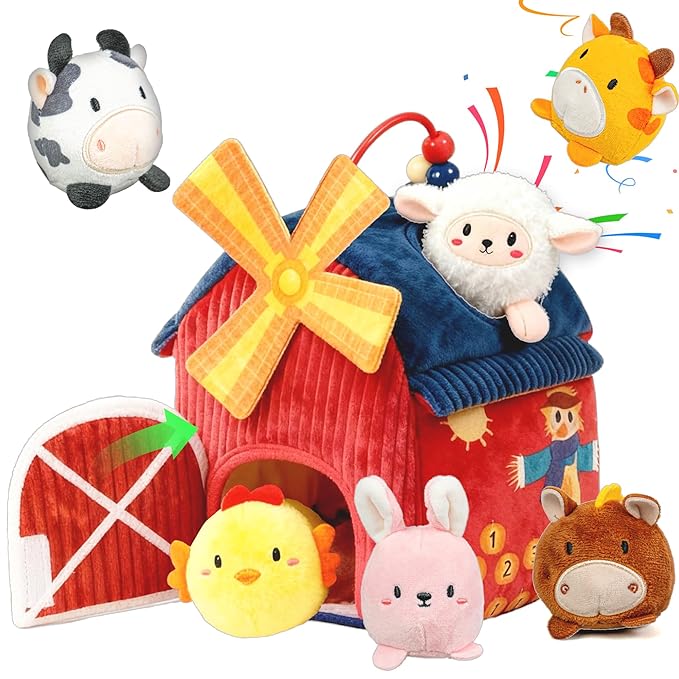 brenzo Baby Toys 6-12 Months, Montessori Sensory Playset Babies 0-3, Open The Barn Door to Fun, Tummy Time Companion w/ 6 Farm Animals , Rattle, Crinkle, Squeaker & Mirror, Ideal Newborn Toddler Gift