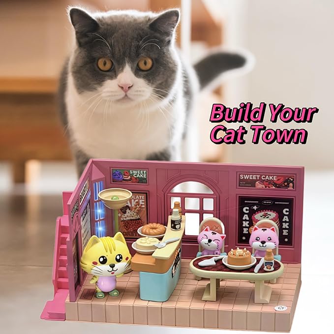 Koko's Cat Town DIY Miniature House Kit,Tiny House Cake Shop Building Kit,Dollhouse for 3 and up, Dollhouse Building Kit with Cats,Cat Toys Gift for Teens Kids Ages 3+