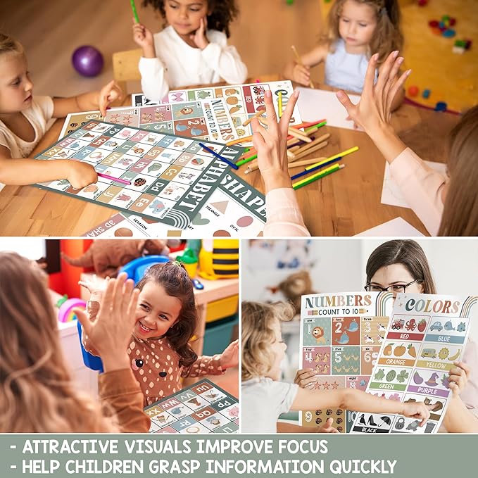 BEAWART ABC Alphabet Posters (Pack 4 - 16'x24'), Color Shape Number Chart for Classroom Decor, Educational Posters for Toddlers 1-3, Learning Chart for Preschoolers, Homeschool Supplies, Double Laminated (Retro Boho)