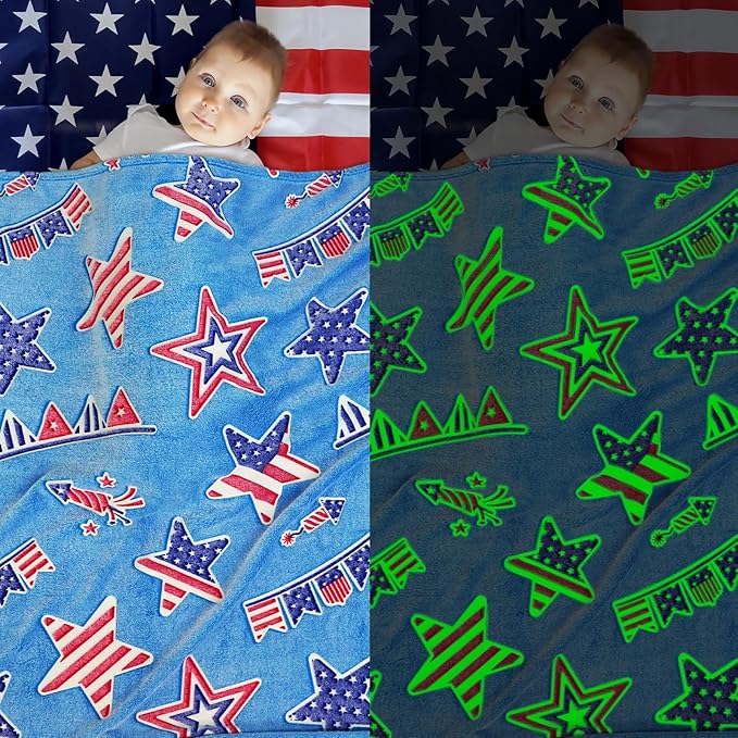 American Flag Blanket Glow in The Dark Blanket for Kids Boys Star Stripes Independence Day July 4th Decor