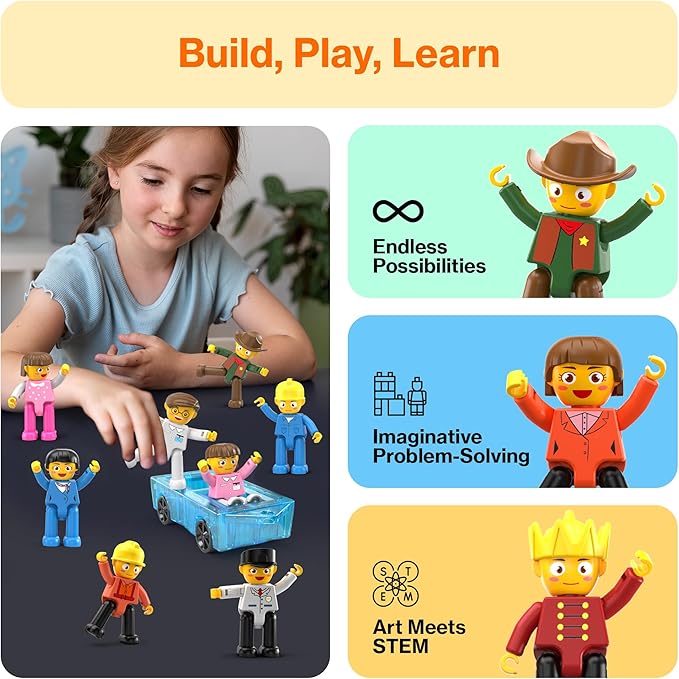PicassoTiles 16pc Magnetic Character Figures Expansion Set Toddler Style People Compatible with Magnet Tile Building Set STEM Educational Construction Toy for Kids Pretend Play Creative Learning PTA08