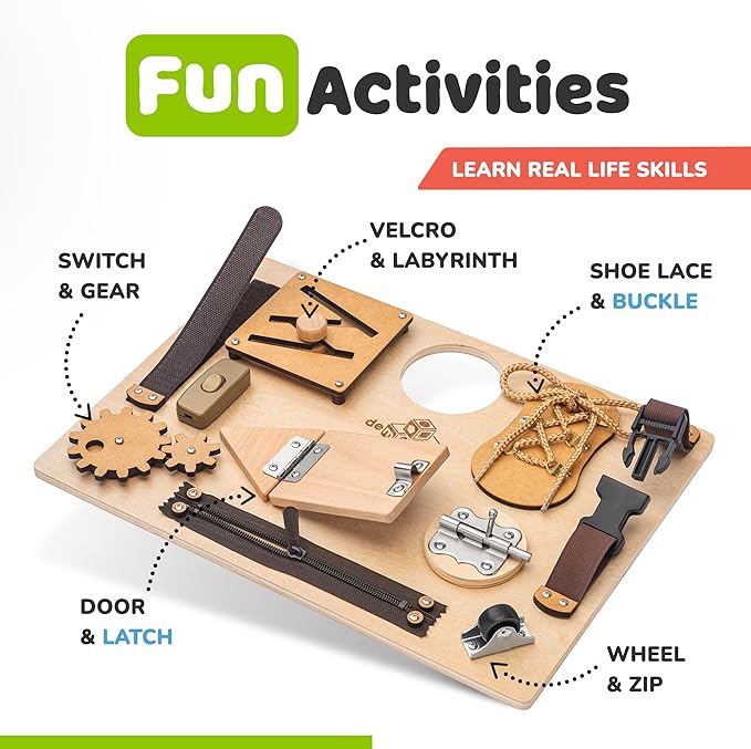 deMoca Sensory Busy Board for Toddlers, Premium Wooden Toddler Busy Board for 1 2 3 Year Old with 10 Educational Activities for Fine Motor Skills, Fidget Activity Toy for Travel Toy
