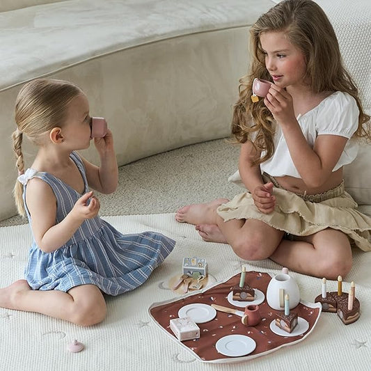 SPEEDY MONKEY Birthday Tea Set for Kids – FSC Wooden Pretend Play Tea Party & Food Set with Teapot, Cups, Cake & Tea Bag – Toddler Girls Imaginative Role Play Kitchen Toy – Colorful Gift for Dollhouse