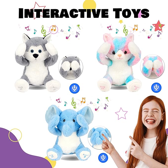 Hopearl Peek A Boo Elephant Interactive Repeats What You Say Plush Elephish Toy Musical Singing Talking Stuffed Animal Adorable Electric Animate Birthday Festival, Blue, 11.5''