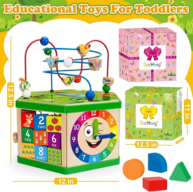 Wooden Activity Cube for 12-18 Month, 1 Year old Boys & Girls, 7-in-1 STEM Montessori Early Developmental Learning Toys for Kids Aged 1-2, Ideal 1st Birthday Gift Toys for Baby, Toddlers (Pink)