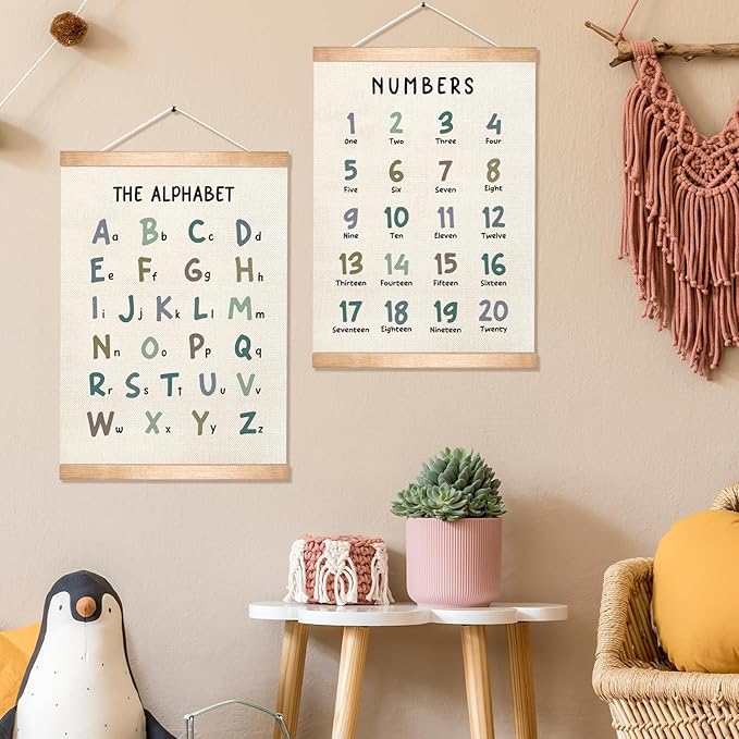 Kids Alphabet and Numbers Learning Posters Set of 2,18.5x14 Inch Linen&Canvas Educational Wall Art with Wood Hanger, ABC 123 Chart for Toddlers Classroom Nursery Playroom Decor (Colored Font)