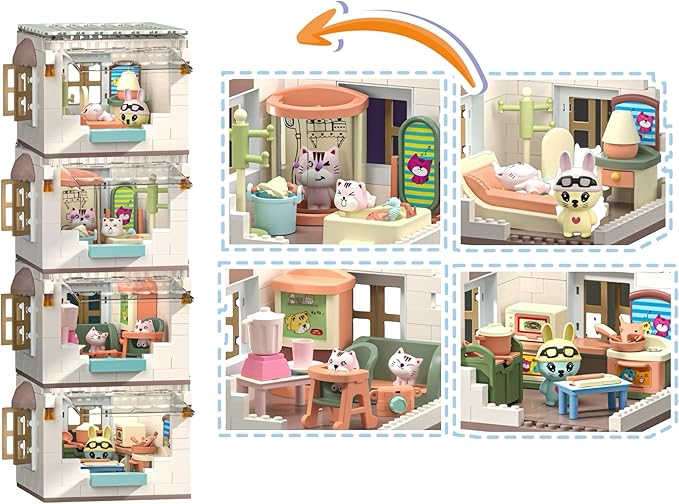 Koko's Cat Town DIY Miniature House Kit,Tiny House Bedroom Building Kit,Purrfect Dollhouse with 251PCS,Cat Toys Gift for Teens Kids Ages 3+,Dollhouse for 3 and up