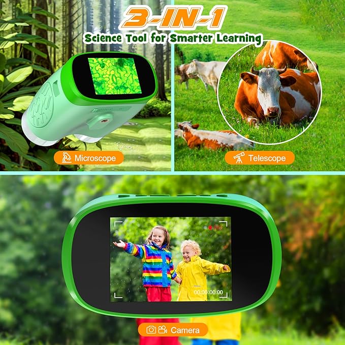 Handheld Microscope Toy for Kids : Rechargeable Telescope and Camera Combo with 6 Slides, Perfect for Indoor Outdoor Exploration, Portable Edu for Age 3-12 Children Students