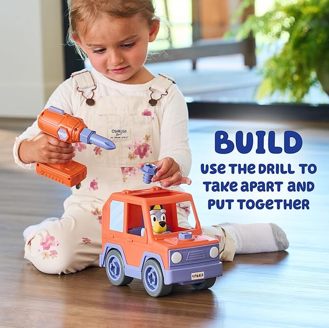 BUILD-A-BUDDY Bluey Car - Buildable Motorized Vehicle for Take Apart Play - Includes Bluey Figure and Toy Drill - Kids Gifts and Stocking Stuffers - Ages 3 Years and Up