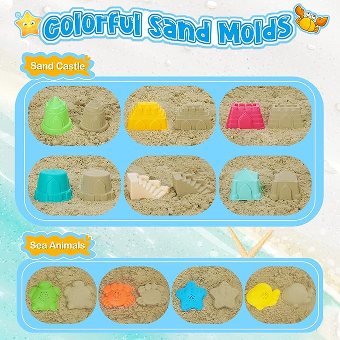 Collapsible Beach Toys for Kids, Foldable Sand Bucket and Shovels Set with Mesh Bag, Sand Castle Building Kit, Sandbox Toys, Travel Sand Toys Beach Essentials for Toddlers Age 3-10