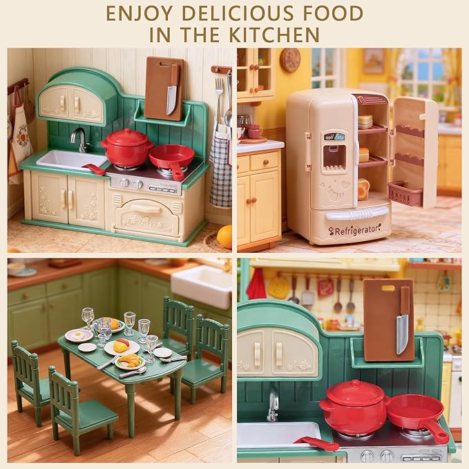 Dollhouse Kitchen Furniture Suitcase Set for Kids, 2 Flexible Dolls/Dining Tble/Kitchenware/Tableware/Refrigerator/Bread, Pretend Play Dollhouse Accessories Christmas Birthday Gift for Girls Ages 3+