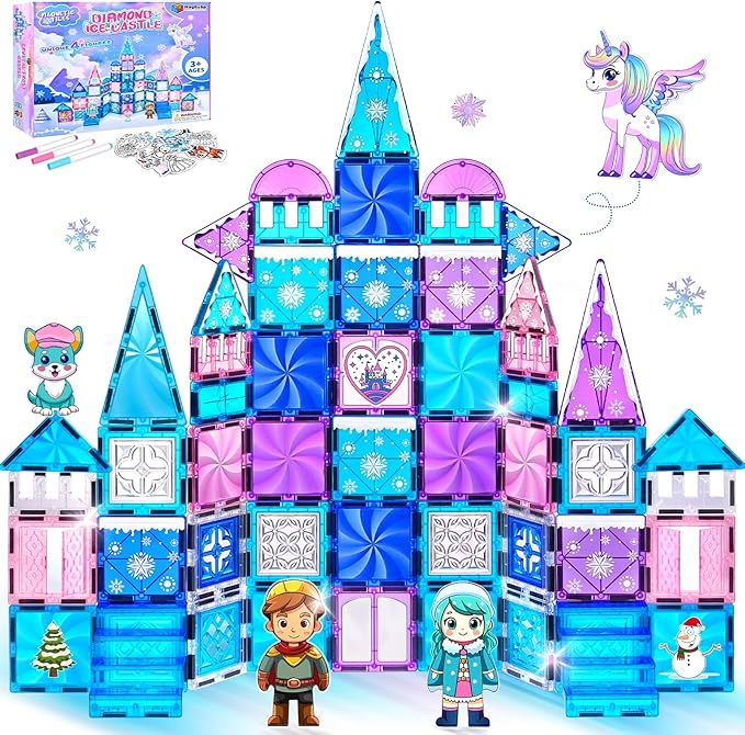 Princess Castle Magnetic Tiles 112PCS with 4 Dolls 2 Stairs & Magnetic Art Decors Kit, Diamond Blocks Magnet Tiles for Kids 3-5 4-8-12, Magnet STEM Princess Toys for 3 4 5 6 7 8+ Girls Kids Xmas Gifts