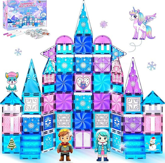 Princess Castle Magnetic Tiles 112PCS with 4 Dolls 2 Stairs & Magnetic Art Decors Kit, Diamond Blocks Magnet Tiles for Kids 3-5 4-8-12, Magnet STEM Princess Toys for 3 4 5 6 7 8+ Girls Kids Xmas Gifts