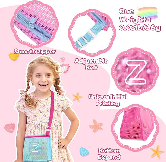 3Pcs Personalized Kids Beach Shell Bag, Initial Seashell Mesh Zipper Beach Pouch, Shell Collecting Bag for Holding Shells with Adjustable Straps, Sand Toys Swim Pouch Gift for Girl Boy Teens(Letter Z)