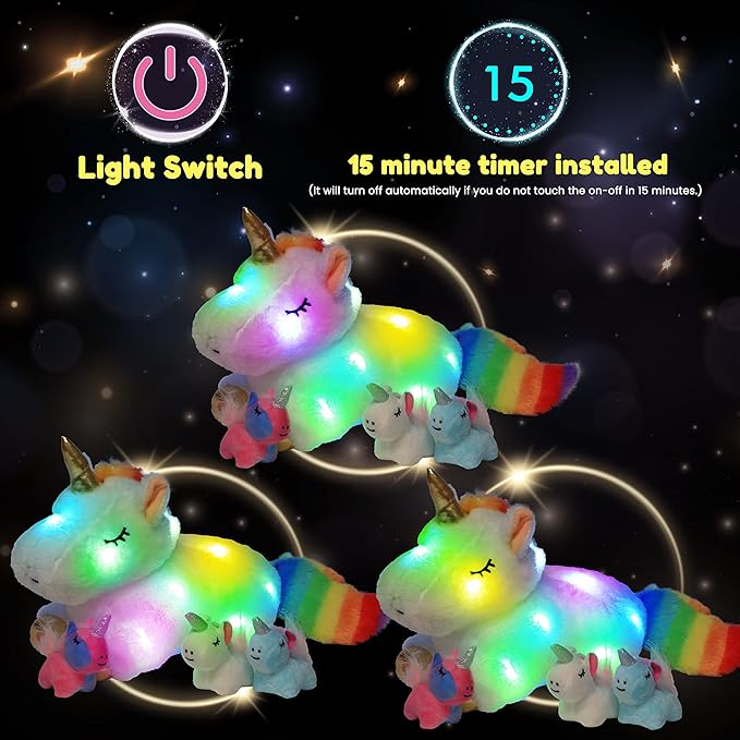 Hopearl LED Plush Unicorn Lighting Up Stuffed Mommy Unicorn with 3 Baby Unicorns in her Tummy Floppy Stuffed Animal Playset Night Lights Glow in The Dark Gifts for Kids Toddler Girls, White, 19''
