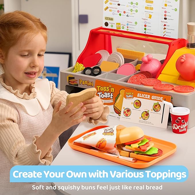 Play Restaurant Toy and Pretend Play Food for Kids, Play Kitchen Accessories Include Sandwich Maker Toy with Slicer for Ham, Menu and Ingredients, Food Toy for 3 4 5 6 Year Old Girls Birthday Gift