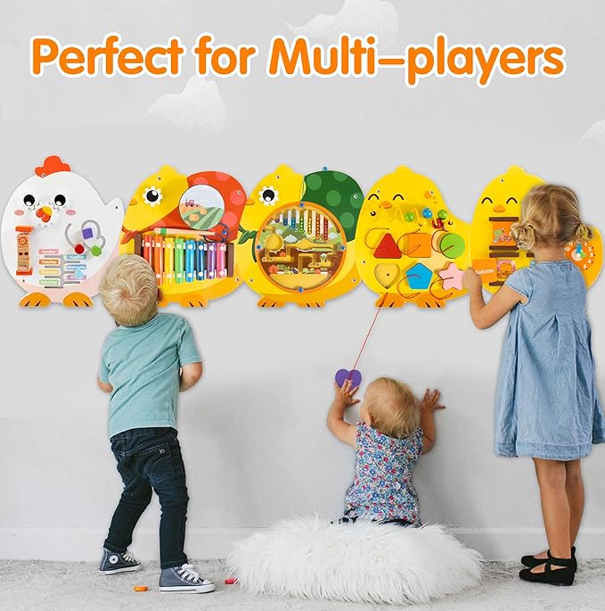 Chick Squad Activity Wall Busy Board Panels | 11-in-1 Wooden Sensory Wall Panel for Kids, Montessori Learning Activity Center | Perfect for Toddler Playroom Daycare Nursery Classroom Dentist Office