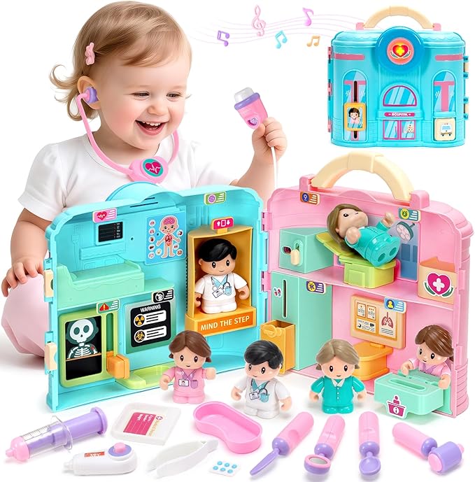 Doctor Kit Toys for Toddlers 1 2 3, Pretend Doctor Playset with Hospital Scene, Role Play Medical Toys for Kids 12-18 Months, Ideal Birthday Xmas Gift for Girls Ages 1-3