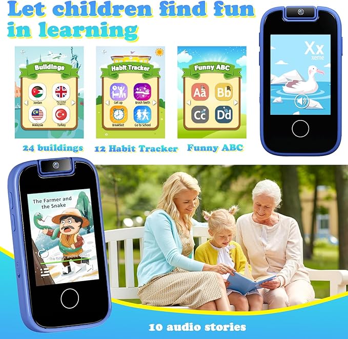 PTHTECHUS Kids Phone Toys for Girls Boys - Toddler Touchscreen MP3 Music Player with Dual Camera, Habit Tracker, Games, Alphabet, Educational Learning Toys Birthday Easter Gifts for 3-7 with SD Card