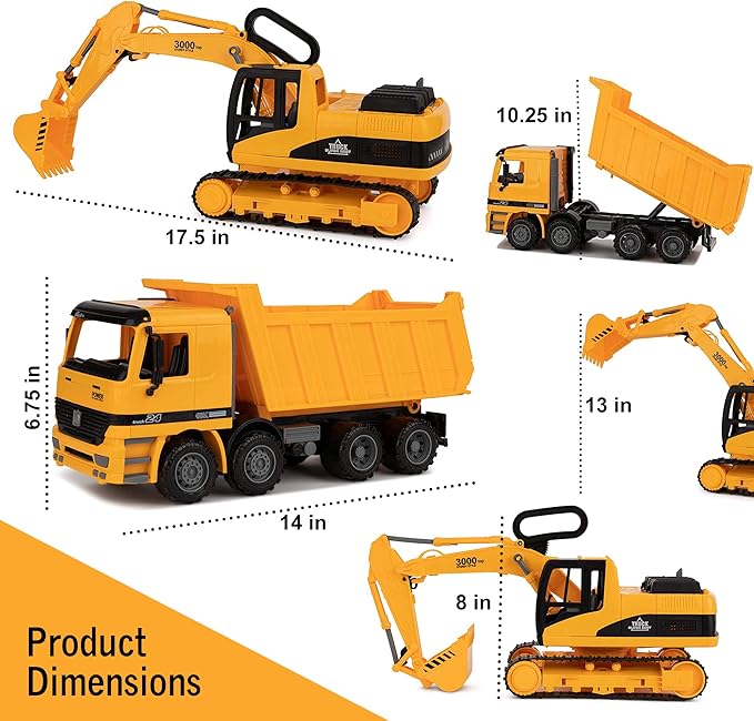 Toy To Enjoy Construction Toys - Excavator & Dump Truck Toy for Kids (Set of 2) – Moveable Claw & Lifting Back – Garbage Truck & Bulldozer Digger – Construction Vehicles for Boys & Kids