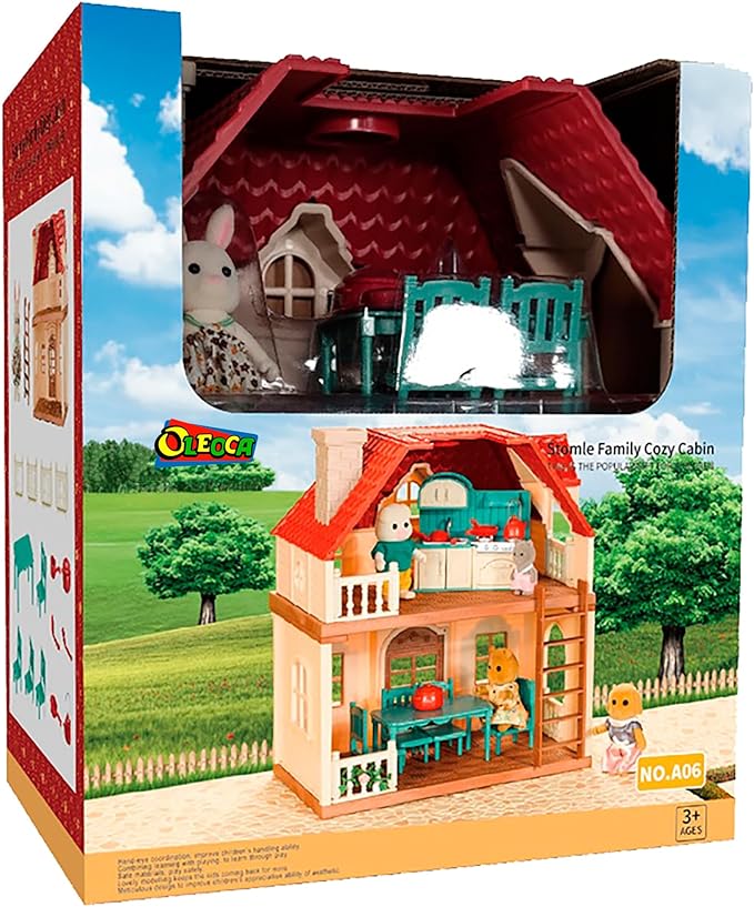 Family Cottage Doll House — 2-Story Country Cottage with Dining Set & Bunny Figure, Complete Dollhouse Playset for Creative Pretend Play, Gift for Kids Ages 3+