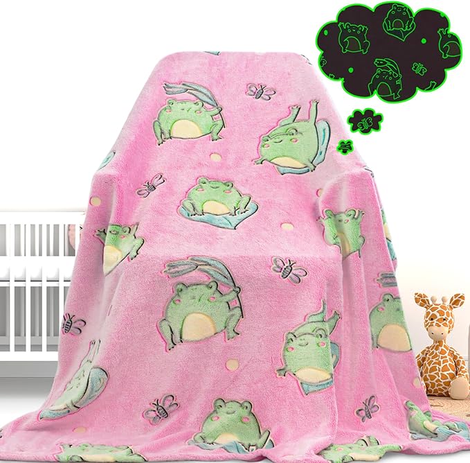 Cute Frog Blanket Glow in The Dark Blanket for Kids Frog Gifts for Women Soft Fleece Blanket Pink Frogs Stuff Birthday Gifts