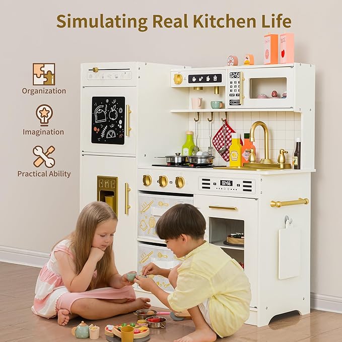 Play Kitchen Sets for Kids Ages 4-8 Pretend Wooden Kids Kitchen Playset Toy Kitchen with Real Sound& Light &Toy Storage System&12 Pcs Toddler Kitchen Accessories, for Boys and Girls,White Gold