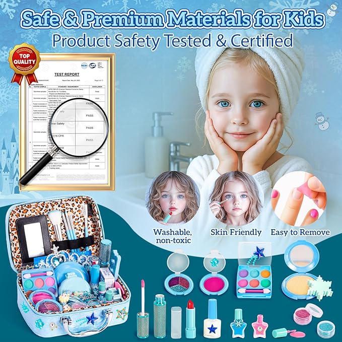 Kids Makeup Set for Girls Toys, 34Pcs Washable Princess Frozen Make Up Kit w/ Dress Up Accessories, Christmas Birthday Princess Gifts Toys for Girls Kids Toddlers Age 3 4 5 6 7 8 9 10 11 12