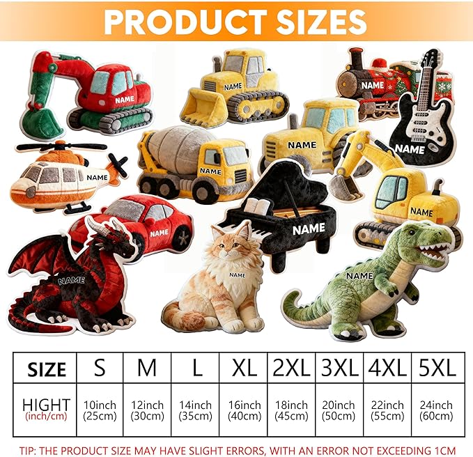 Custom Piano Shaped Pillow Cute Personalized Name Plush Doll, Double-Sided Construction Engineering Vehicle Pillow for Kids, Birthday Gifts for Boys and Girls Sofa Decorative Pillows 8-32in