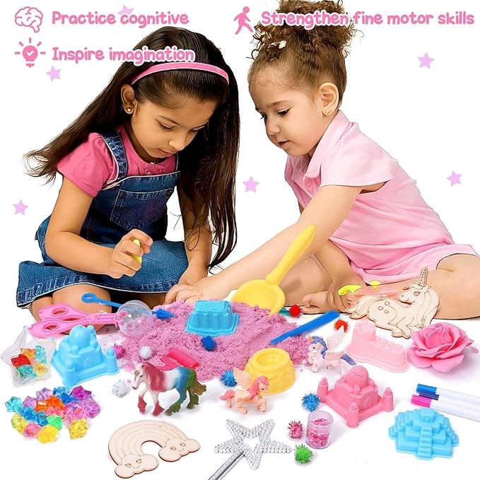 G.C Unicorn Sensory Bin for Girl Kid Toy, Play Sand Art Kit 108pcs with Sandbox, 2lb Color Sand, 6 Castle Molds, Unicorn Tactile Sensory Toy Christmas Birthday Gift for Girl Toddler Ages 3 4 5 6 7 8