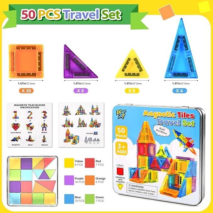 Enjoyjoy Mini Magnetic Tiles - 50PCS Travel Magnetic Tiles Set with Metal Case Portable On-The-Go Magnet Tiles for Kids Magnet Building Blocks Ages 3+ Boys and Girls Christmas Birthday Gift