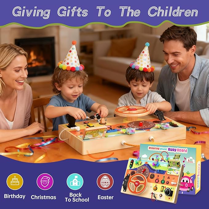 Busy Board Montessori Toys for Toddlers 1-3 with Steering Wheel, Lights & Switches, Wooden Driving Activity Board | Sensory Montessori Busy Board for 1+ Year Old, Toddler Learning & Travel Toy