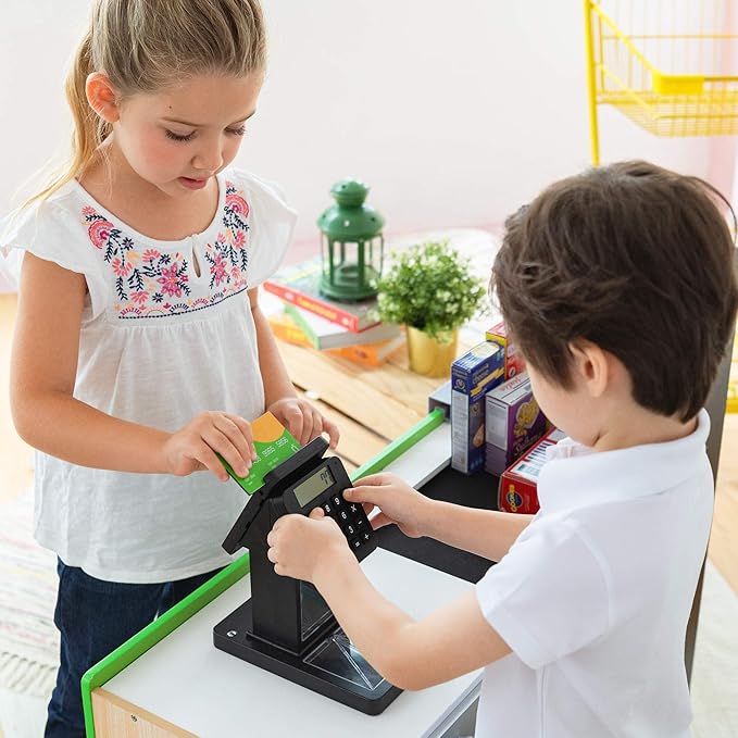 Teamson Kids Cashier Austin Interactive Wooden Play Market Stand with Lights and Sounds, Manual Conveyor Belt, Register and Display Spaces, Green and White Décor on Natural Wood