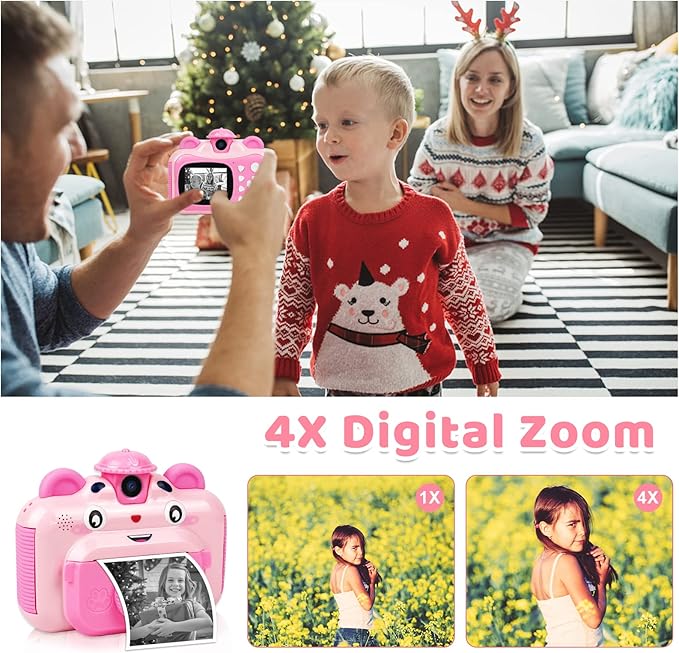 Instant Print Digital Camera for Kids, Toddler Camera, 20MP Selfie Video, Children's Toy, Christmas & Birthday Gift for 6-12 Year Old Girls & Boys, Pink