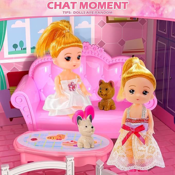 Dollhouses, Housetoys Furniture Pink Girl Toys, 4 Stories 10 Rooms Dreamhome with 2 Princesses Slide Accessories, Toddler Playhouse Gift for for 3 4 5 6 7 8 9 10 Year Old Girls Toys