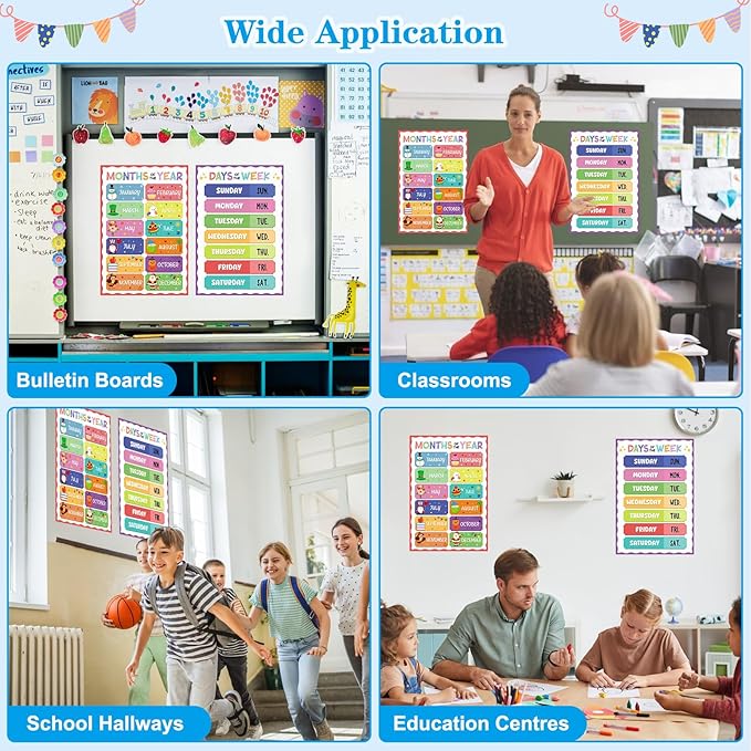 D4DREAM Days of The Week Poster for Kids - 2Pcs Laminated Months of the Year Poster for Classroom Decorations Toddler Learning Posters for PreK Kindergarten Homeschool Nursery Daycare Essentials