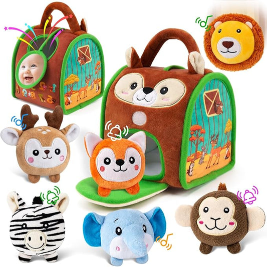 6-12 Months Baby Montessori Toys Sensory Educational Jungle Friends Toy for 1 Year Old with Stuffed Animals Infant Rattle Crinkle Paper Barn Gifts for Newborn Toddlers Christmas Stocking Stuffers