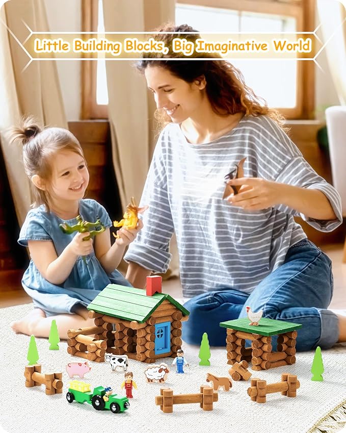 SainSmart Jr. Wooden Log Cabin Set Farm Building House Toy for Toddlers, 122 PCS Classic STEM Construction Kit with Colorful Wood Logs Blocks for 3+ Years Old
