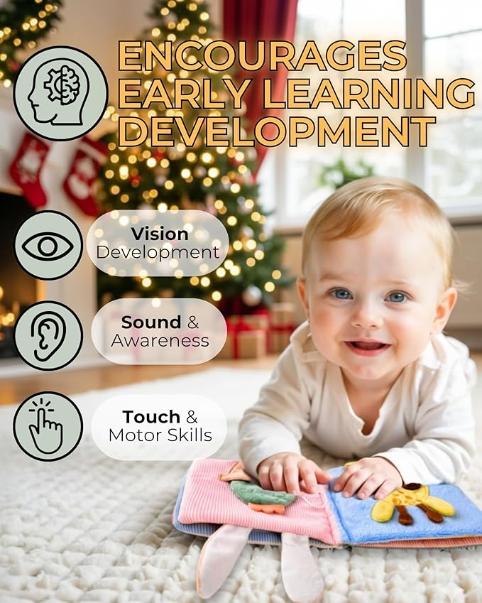 Cute Soft Baby Book with Mirror, Activities, Touch and Feel & Crinkle Pages - Interactive Sensory Cloth Toy for Babies 0-6, 6-12 & 12-18 Months - Adorable Animal Themes for Early Development