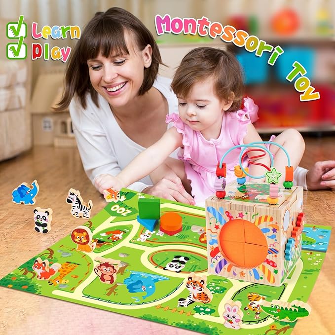 Wooden Activity Cube | Montessori Toys for 1-2 Year Old Toddlers | One Year Old 1st First Birthday Gift | Developmental Toys for 12 Months Baby Boys Girls | Bonus Sorting & Stacking Board (Blue)