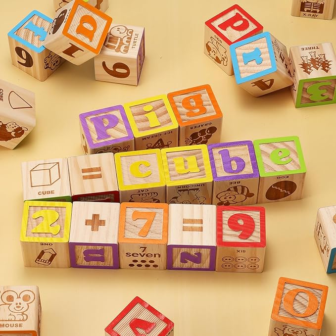 SainSmart Jr. Wooden Alphabet Blocks 1.73 Inch, 30Pcs Building Blocks Including Letters, Numbers and Animals, Montessori Wooden Blocks for Preschool Toddlers