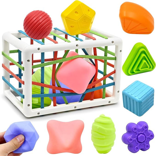 Baby Sensory Montessori Activity Toys for 1 2 Year Old Boy Girl, Early Learning Develop Shape Sorter Cube with Soft Textured Balls for Infants Toddler Birthday Gifts Christmas Stocking Stuffers