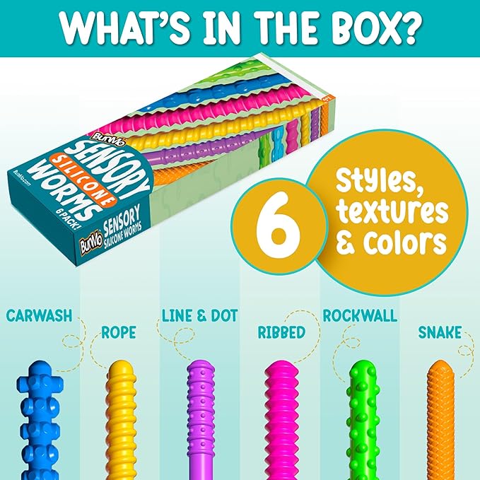 BUNMO Stocking Stuffers for Kids - Stretchy Sensory Strings - Sensory Toys for Kids - Toddler Stocking Stuffers - Hours of Fun - Sensorial Worms - 6 Pack