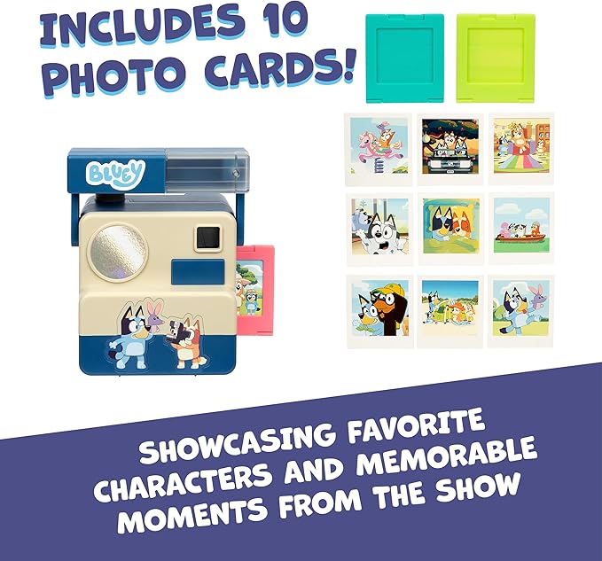 Bluey Chikit Chikit Pretend Camera, Role Play Toy Camera for Kids with 10 Photo Cards, 3 Pop-Out Film Cartridges, Toddler Toys Playset for Ages 3+