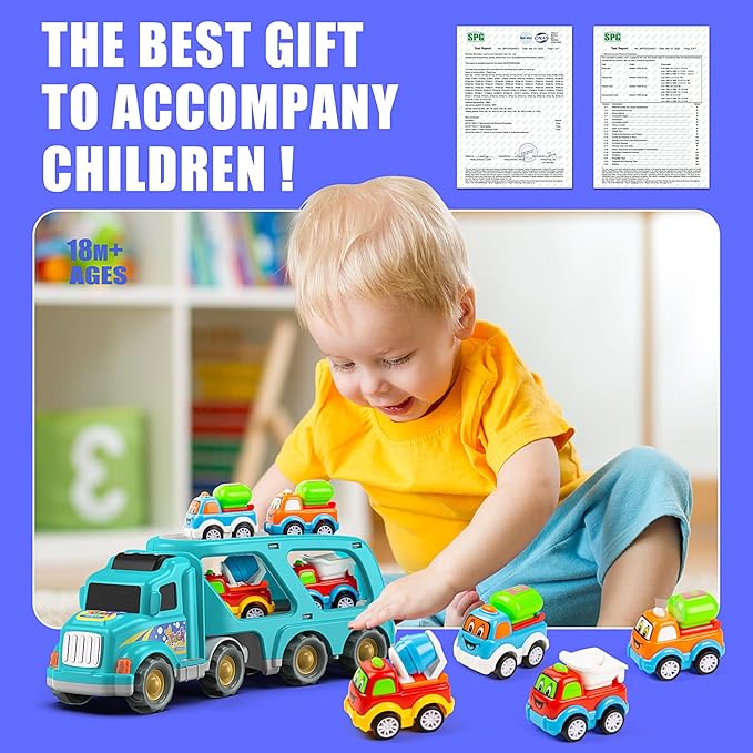 Veslier Toy Trucks Car for 2 3 4 5 Year Old Toddlers Boys Girls,Trucks Toys 5 in 1 Construction Vehicles Toys for Kids Boys Girls,Car Trucks Toys with Light Sound,Christmas Birthday Gifts.
