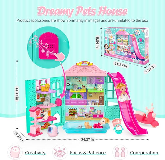 Foldable Pets Dollhouse Toy Play Set, Doll House of Pets with 31+ Accessories Includes Dolls, Motor, Pool, Little Pets, Slide and Sounds, Pretend-Play Toddler Playhouse Ideal Gift for Children aged 3+