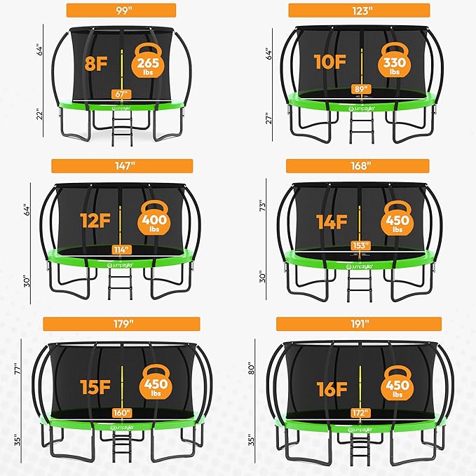 JUMPZYLLA Trampoline Outdoor 8FT 10FT 12FT 14FT 15FT 16FT with Enclosure and Ladder, ASTM Approved Recreational Trampoline for Kids and Adults, Anti-Rust Coated Frame