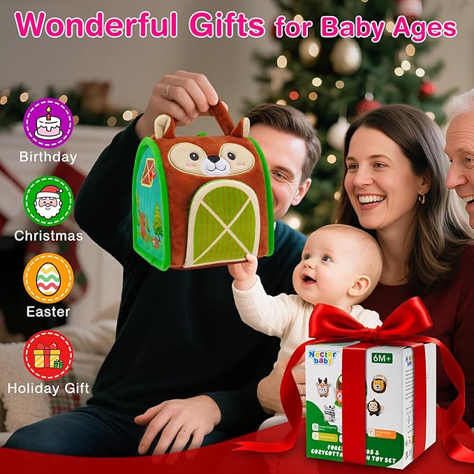 6-12 Months Baby Montessori Toys Sensory Educational Jungle Friends Toy for 1 Year Old with Stuffed Animals Infant Rattle Crinkle Paper Barn Gifts for Newborn Toddlers Christmas Stocking Stuffers