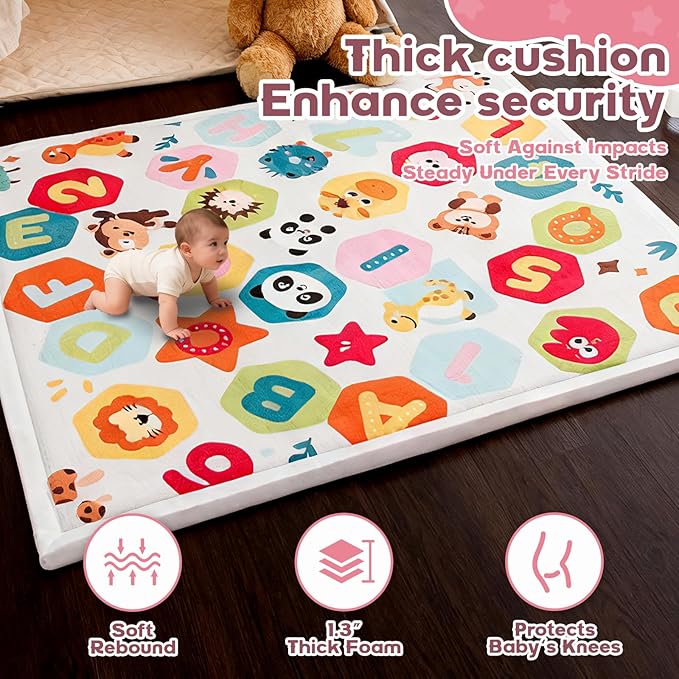 Baby Play Mat for Floor, 71'' x 59'' Thicken Foam Soft Padded Mat for Tummy Time, Playpen Mat for Toddlers, Water-Repellent Coral Velvet, Non-Slip Bottom Safe for Crawling (Animal)