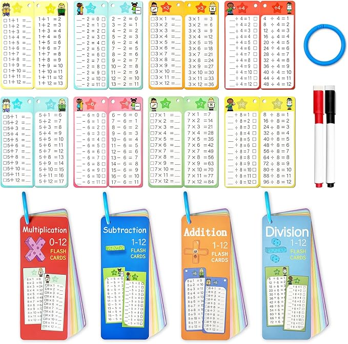 Math Flash Cards 0-12, 60PCS Times Table Flash Cards Chart, with Dry Erase Markers Sorting Ring, 1st, 2nd, 3rd Grades Educational Math Multiplication Game for Kids Classroom Home